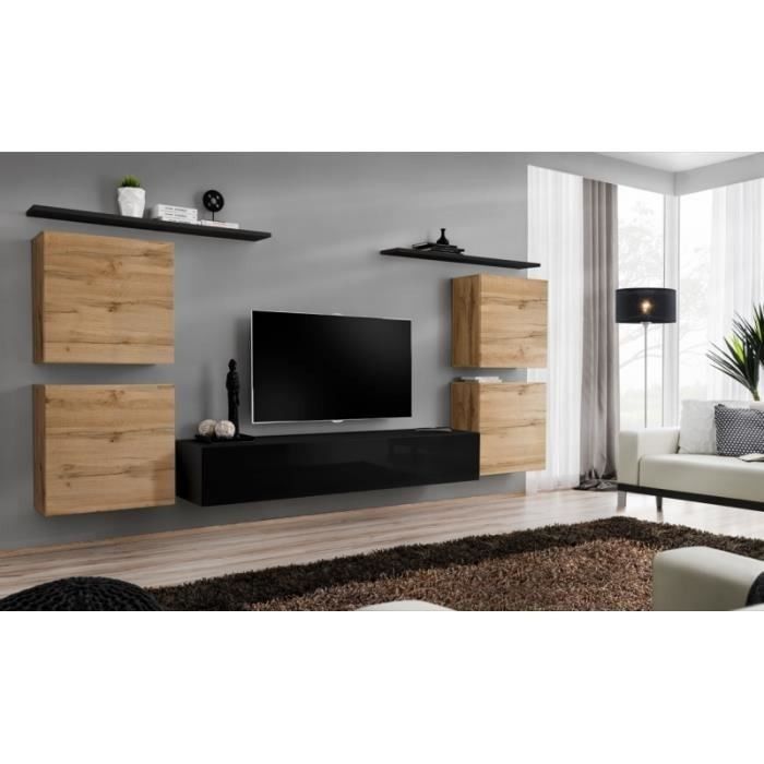 Ensemble meuble salon SWITCH IV design, coloris noir brillant et chêne Wotan.