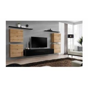Ensemble meuble salon SWITCH IV design, coloris noir brillant et chêne Wotan.