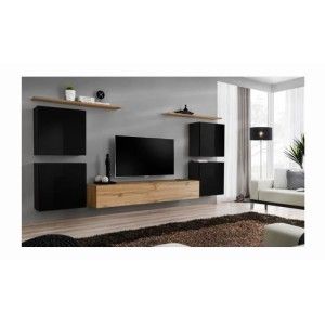 Ensemble meuble salon SWITCH IV design, coloris chêne Wotan et noir brillant .