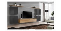Ensemble meuble salon SWITCH IV design, coloris chêne Wotan et gris brillant .