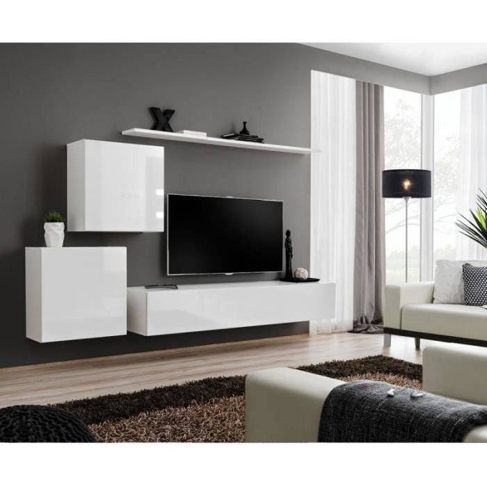 Ensemble meuble salon mural SWITCH V design, coloris blanc brillant.