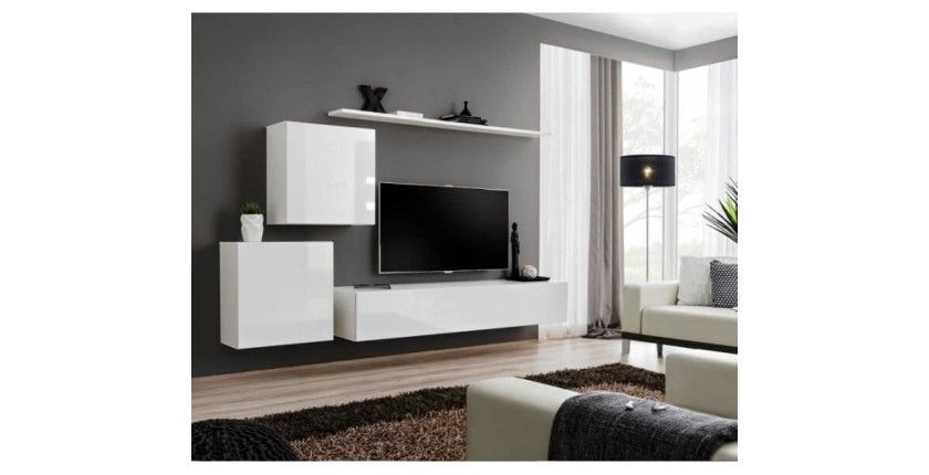 Ensemble meuble salon mural SWITCH V design, coloris blanc brillant.
