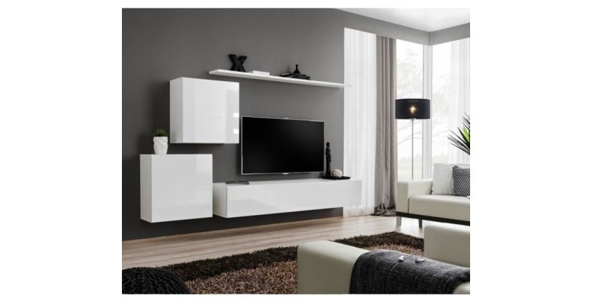 Ensemble meuble salon mural SWITCH V design, coloris blanc brillant.