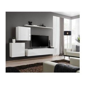 Ensemble meuble salon mural SWITCH V design, coloris blanc brillant.