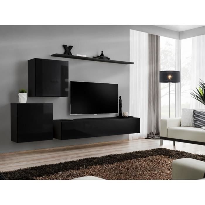 Ensemble meuble salon mural SWITCH V design, coloris noir brillant.