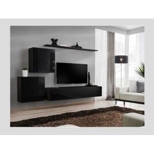 Ensemble meuble salon mural SWITCH V design, coloris noir brillant.