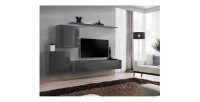 Ensemble meuble salon mural SWITCH V design, coloris gris brillant.