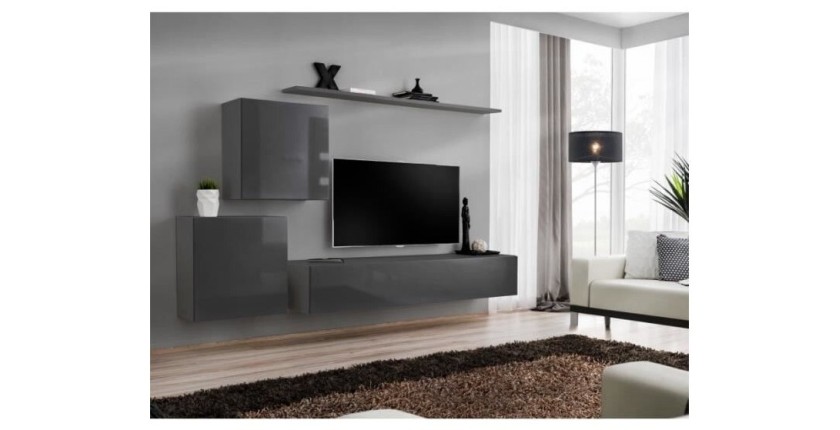 Ensemble meuble salon mural SWITCH V design, coloris gris brillant.