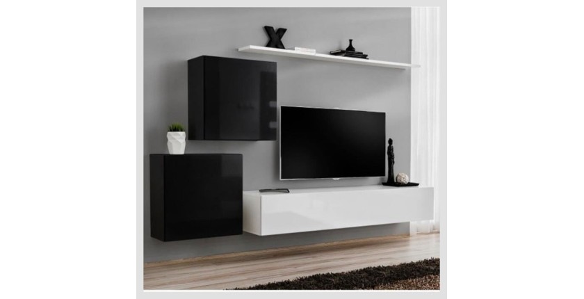 Ensemble meuble salon mural SWITCH V design, coloris blanc et noir brillant.