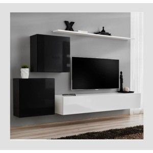 Ensemble meuble salon mural SWITCH V design, coloris blanc et noir brillant.