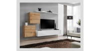 Ensemble meuble salon SWITCH V design, coloris blanc brillant et chêne Wotan.