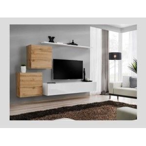 Ensemble meuble salon SWITCH V design, coloris blanc brillant et chêne Wotan.