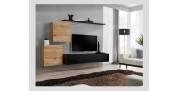 Ensemble meuble salon SWITCH V design, coloris noir brillant et chêne Wotan.