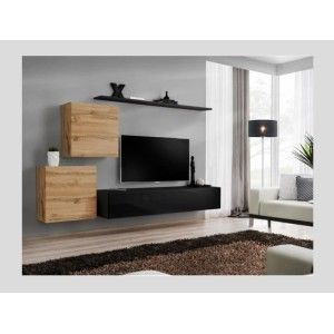 Ensemble meuble salon SWITCH V design, coloris noir brillant et chêne Wotan.