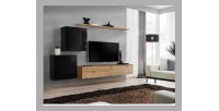 Ensemble meuble salon SWITCH V design, coloris chêne Wotan et noir brillant.