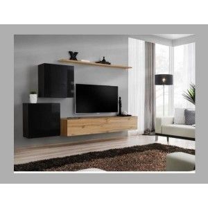 Ensemble meuble salon SWITCH V design, coloris chêne Wotan et noir brillant.