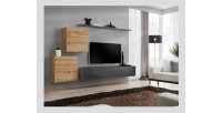 Ensemble meuble salon SWITCH V design, coloris gris brillant et chêne Wotan.