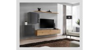 Ensemble meuble salon SWITCH V design, coloris chêne Wotan et gris brillant.