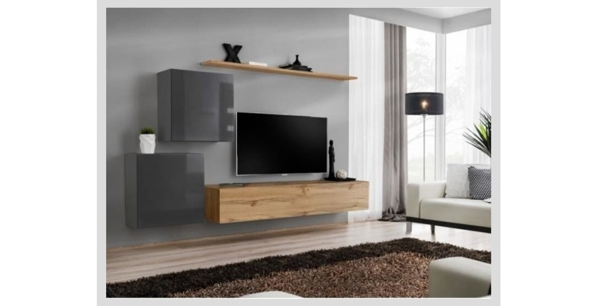 Ensemble meuble salon SWITCH V design, coloris chêne Wotan et gris brillant.