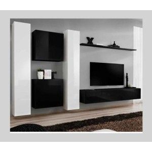Ensemble meuble salon SWITCH VI design, coloris noir et blanc brillant.