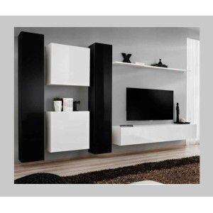 Ensemble meuble salon SWITCH VI design, coloris blanc et noir brillant.