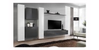 Ensemble meuble salon mural SWITCH VI design, coloris gris et blanc brillant.