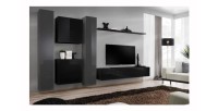 Ensemble meuble salon mural SWITCH VI design, coloris noir et gris brillant.