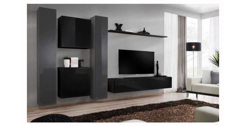 Ensemble meuble salon mural SWITCH VI design, coloris noir et gris brillant.
