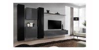 Ensemble meuble salon mural SWITCH VI design, coloris gris et noir brillant.