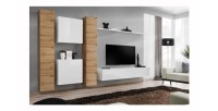 Ensemble meuble salon mural SWITCH VI design, coloris blanc brillant et chêne Wotan.
