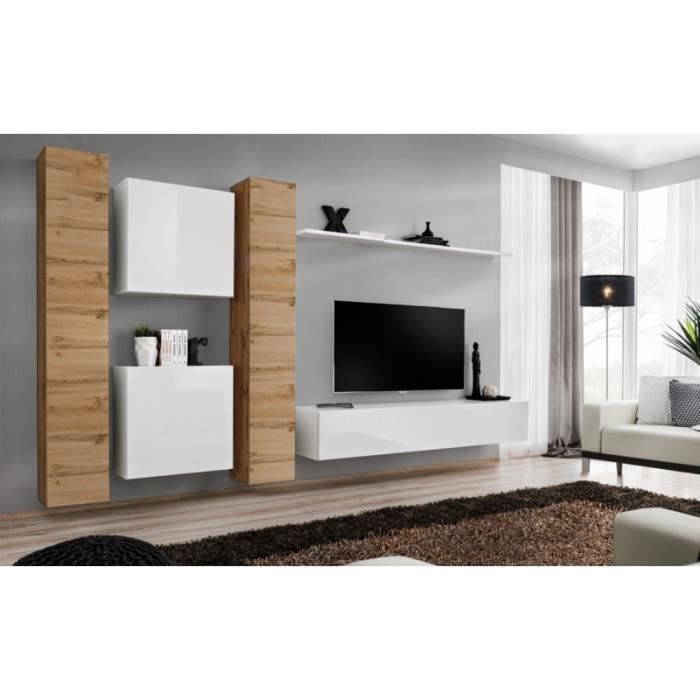 Ensemble meuble salon mural SWITCH VI design, coloris blanc brillant et chêne Wotan.