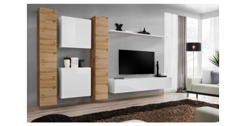 Ensemble meuble salon mural SWITCH VI design, coloris blanc brillant et chêne Wotan.