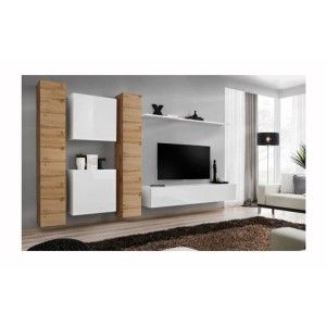 Ensemble meuble salon mural SWITCH VI design, coloris blanc brillant et chêne Wotan.