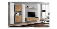 Ensemble meuble salon mural SWITCH VI design, coloris chêne Wotan et blanc brillant.