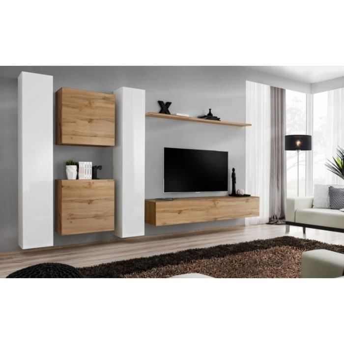 Ensemble meuble salon mural SWITCH VI design, coloris chêne Wotan et blanc brillant.