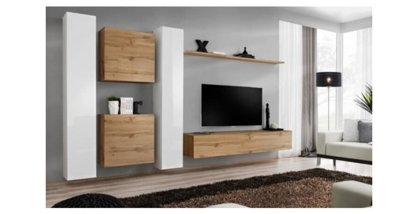 Ensemble meuble salon mural SWITCH VI design, coloris chêne Wotan et blanc brillant.
