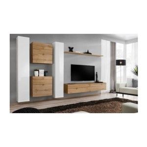 Ensemble meuble salon mural SWITCH VI design, coloris chêne Wotan et blanc brillant.