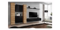 Ensemble meuble salon mural SWITCH VI design, coloris noir brillant et chêne Wotan.