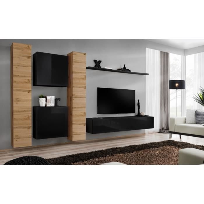 Ensemble meuble salon mural SWITCH VI design, coloris noir brillant et chêne Wotan.
