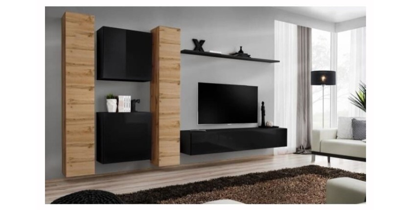 Ensemble meuble salon mural SWITCH VI design, coloris noir brillant et chêne Wotan.