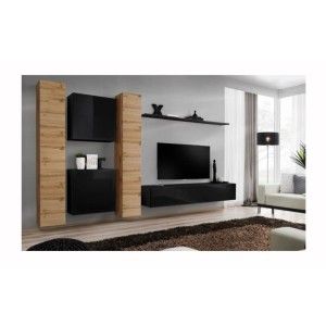 Ensemble meuble salon mural SWITCH VI design, coloris noir brillant et chêne Wotan.