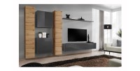 Ensemble meuble salon mural SWITCH VI design, coloris gris brillant et chêne Wotan.