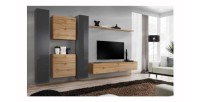Ensemble meuble salon mural SWITCH VI design, coloris chêne Wotan et gris brillant.
