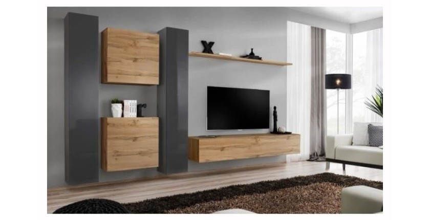 Ensemble meuble salon mural SWITCH VI design, coloris chêne Wotan et gris brillant.