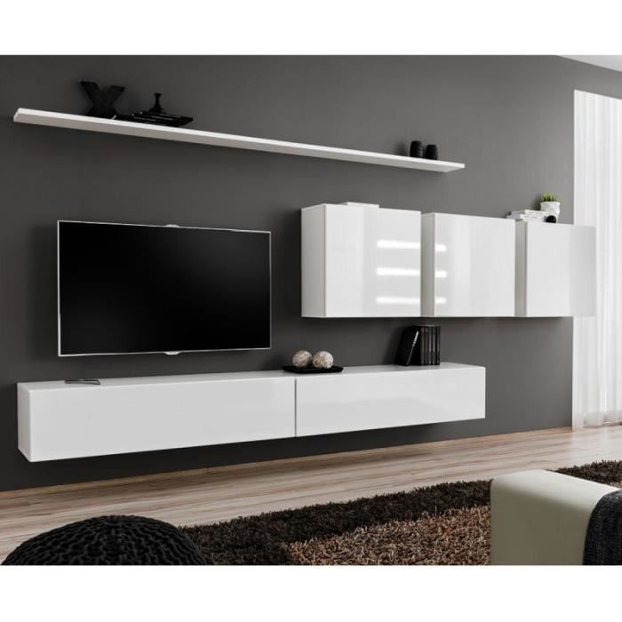 Ensemble meuble salon mural SWITCH VII design, coloris blanc brillant.