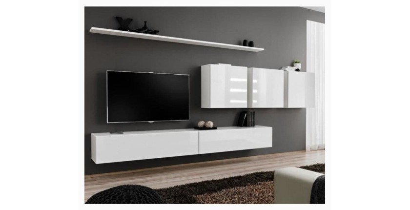 Ensemble meuble salon mural SWITCH VII design, coloris blanc brillant.