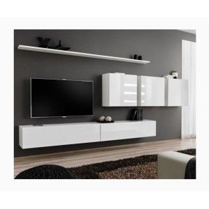 Ensemble meuble salon mural SWITCH VII design, coloris blanc brillant.