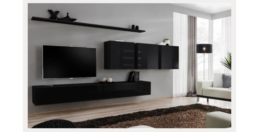 Ensemble meuble salon mural SWITCH VII design, coloris noir brillant.