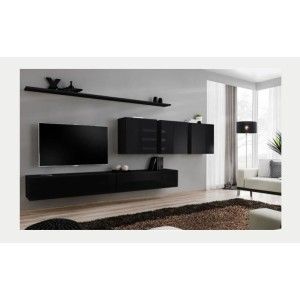 Ensemble meuble salon mural SWITCH VII design, coloris noir brillant.