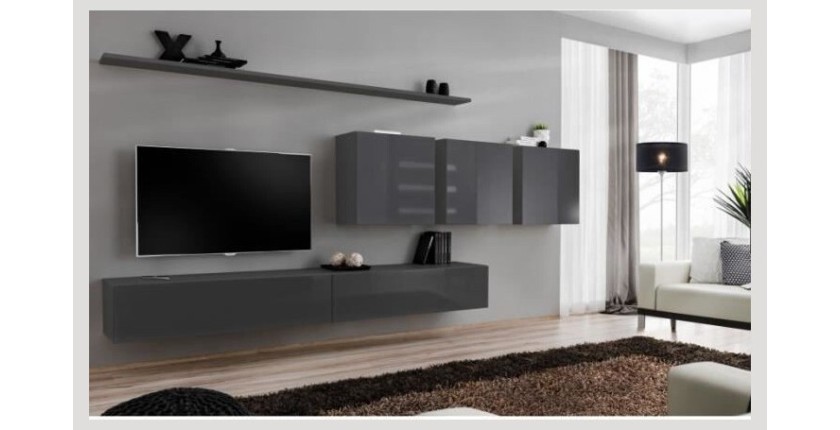 Ensemble meuble salon mural SWITCH VII design, coloris gris brillant.
